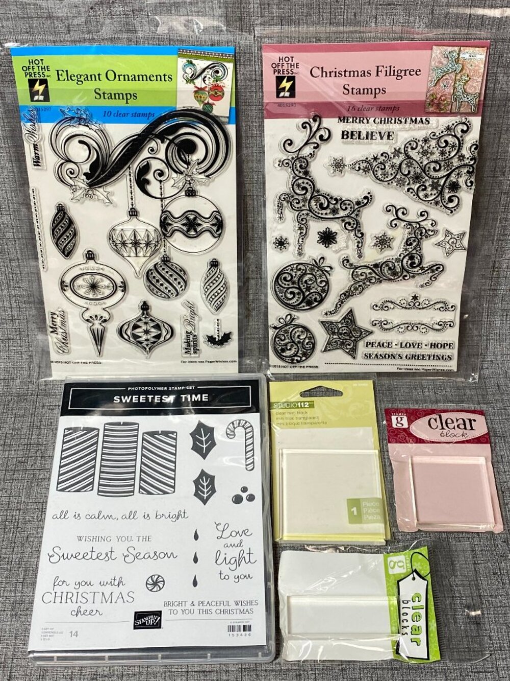 Stampin' Up Hot Off The Press Christmas Clear Stamps 3 Sets & Acrylic Blocks NEW